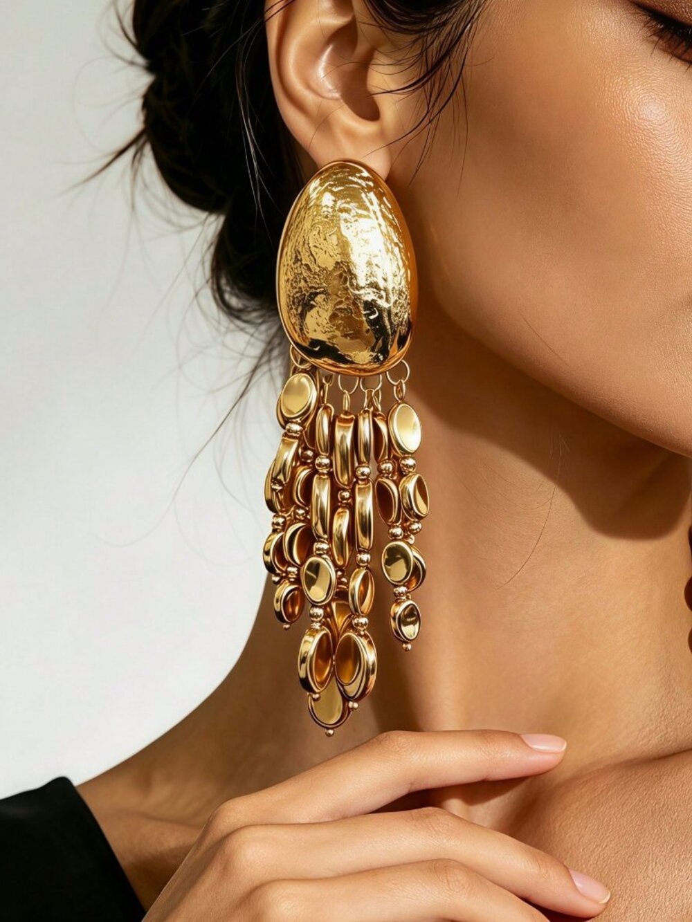 Yellow Gold Women's Tassel Fringe Hammered Oval Drop Earrings
